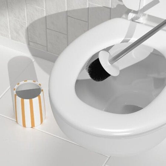 Brosse WC Strio Haute - 39 cm Céramique - Blé - Brosse de toilette - Sur pied - Céramique - Rayures jaunes - Brosse WC autoportante