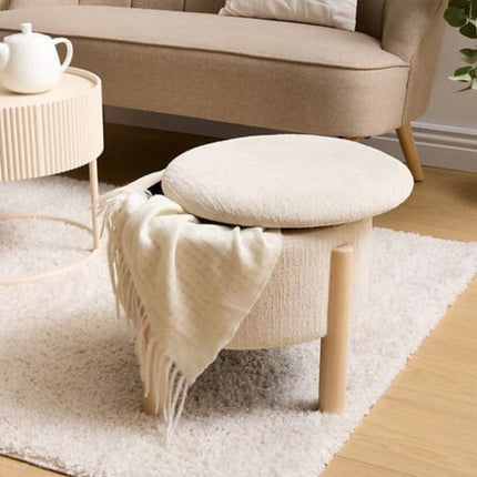 Atmosphera - Opbergkruk Elki Ø 45.5 cm Wit Chenille - 37 cm Hoog - met opbergruimte - Poef - Zitkrukje - Bijzettafel - Zitpoef