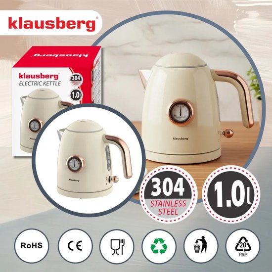 Klausberg retro waterkoker met thermometer – 1 liter, 1200 W, RVS, crème – foto 6