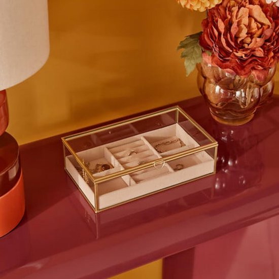 Atmosphera Sieradenkistje Classico - 24 x 14 x 7 cm - transparant / beige - Juwelenkistje met deksel - vakjes indeling - Luxe cadeau