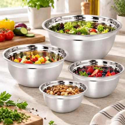 Kinghoff - KH-2059 - 4-Delig Keukenschalen - Mengkommen voor Bakken, Salades & Marineren - Roestvrijstalen Schalen - Nestbaar & Ruimtebesparend - Voor Keuken, Catering & Horeca - RVS - Ø18, 20, 24, 26 cm - Zilver