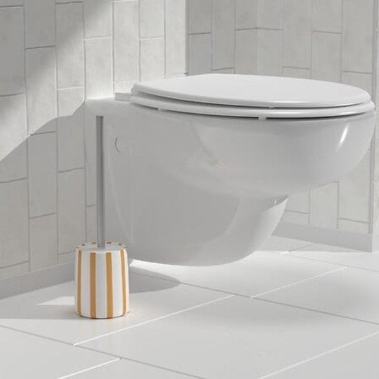 Brosse WC Strio Haute - 39 cm Céramique - Blé - Brosse de toilette - Sur pied - Céramique - Rayures jaunes - Brosse WC autoportante