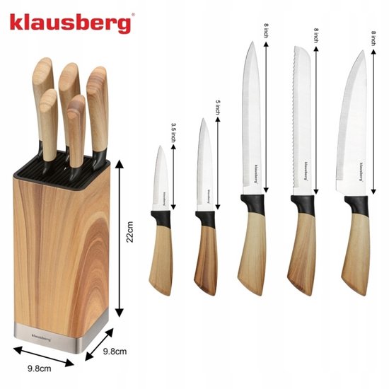 Klausberg messenset 6-delig – 5 RVS keukenmessen met messenblok, houtlook – foto 3