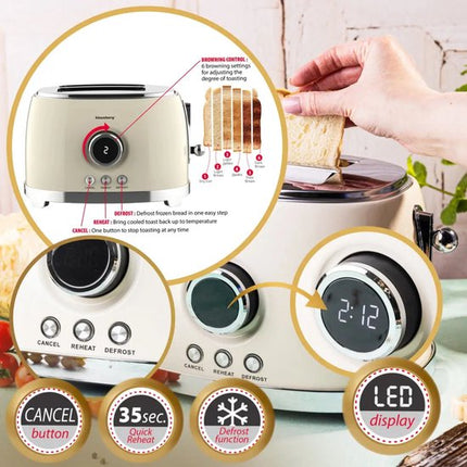 Klausberg - Broodrooster - Keuken Toaster - Toaster met LED Display en 6 Standen - Brede Sleuven Broodrooster - 2 Sneden - Retro Design - Ontdooifunctie & Opwarmfunctie - 850W - ca. 28.5 x 18.5 x 20 cm - Beige