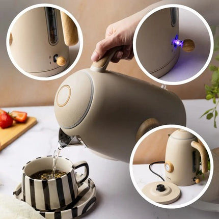 Klausberg - Waterkoker - Retro Waterkoker - Elektrische Waterkoker met Thermometer - Design Waterkoker met Houtkleur - Grote Waterkoker Keuken - Thee & Koffie Koker - 1.7L - RVS - 2200W - Beige