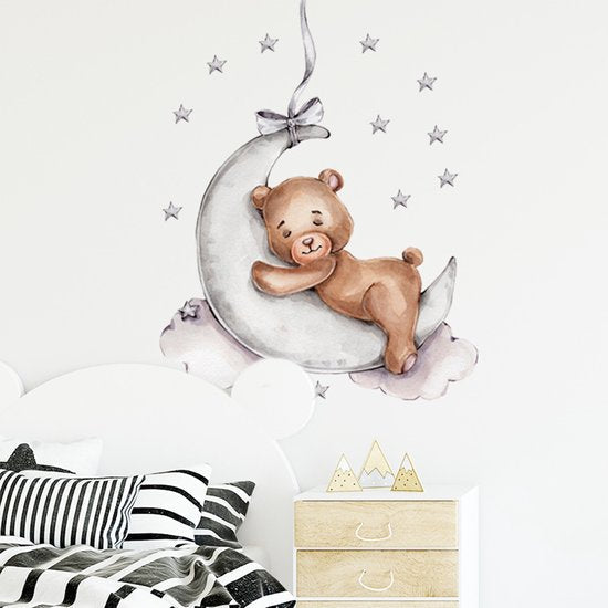 Sipo Bear on the Moon Wall Sticker - Self-Adhesive Space Wall Decor for Nursery - 72 x 57 cm - Space Wall Decal with Stars and Moon
