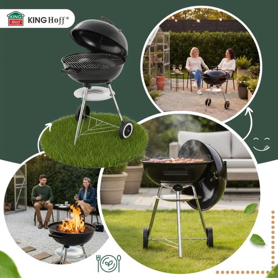 Barbecue boule Kinghoff avec couvercle et roulettes – Ø43 cm – Noir