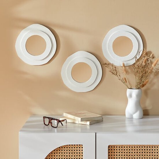 Wall Mirrors - Bathroom Mirrors - Set of 3 - Round Wall Mirrors - MDF Decorative Mirrors - Modern Wall Decor for Living Room, Hallway, Bedroom & Bathroom - Ø25 cm - White