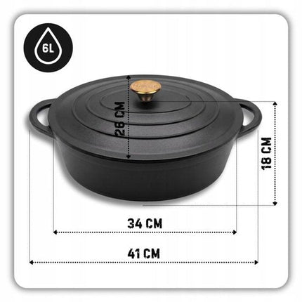Hage - Braadpan - Geëmailleerde Gietijzeren Braadpan met Deksel - Oven & Inductie Geschikt - Voor Braden, Stoven en Ovenschotels - 6 Liters - 34 x 26 x 18 cm - Mat Zwart