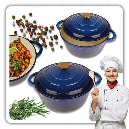 Hage - Braadpan - Geëmailleerde Gietijzeren Braadpan - Casserole - Geschikt voor Inductie, Gas & Oven - Inclusief Pannenonderzetter & Handgreepbeschermers - 4 Liter - Ø24 x 12 cm - Blauw