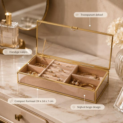 Atmosphera Sieradenkistje Classico - 24 x 14 x 7 cm - transparant/beige - Juwelenkistje met deksel - vakjes indeling - Luxe cadeau