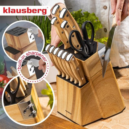 Klausberg - Messenset - 13-Delige - Keukenmessenset - 6 Steakmessen - RVS Keukenmessen - Inclusief Keukenschaar - Keukenaccessoires met Messenblok en Slijper - Houtlook