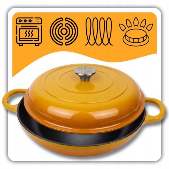 Hage - Cocotte - Cocotte basse en fonte avec couvercle - Émaillée - Compatible four et induction - Pour rôtir, mijoter et gratins - 3 litres - 40,5 x 30 x 10,5 cm - Jaune moutarde