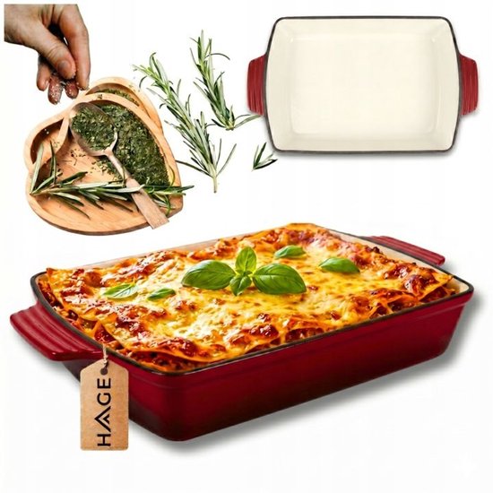 Hage - Gusseisen-Auflaufform - Auflaufform - Emaillierte Backform - Für Ofengerichte, Fleisch, Kuchen und Aufläufe - 3,5 Liter - 32 x 23,5 x 6 cm - Rot