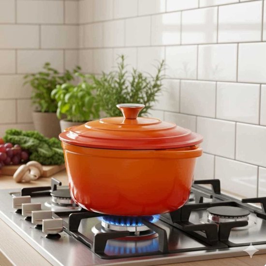 Hage - Kochtopf - Gusseisentopf mit Deckel - Emailliert - Induktions- & Ofengeeignet - Inklusive Mini-Ofenhandschuhen & Untersetzer - Zum Braten, Schmoren, für Suppen & Brot - 4 Liter - Ø24 cm - Orange