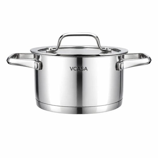 Vcasa kookpan 16 cm met glazen afgietdeksel, 1,8 liter, rvs