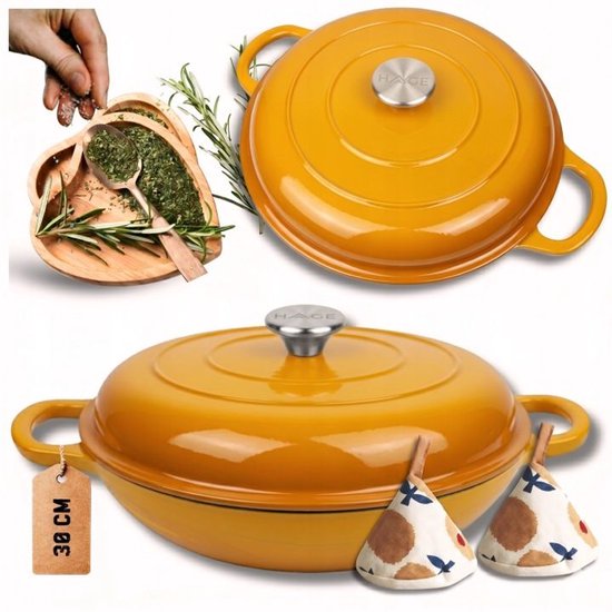 Hage - Cocotte - Cocotte basse en fonte avec couvercle - Émaillée - Compatible four et induction - Pour rôtir, mijoter et gratins - 3 litres - 40,5 x 30 x 10,5 cm - Jaune moutarde