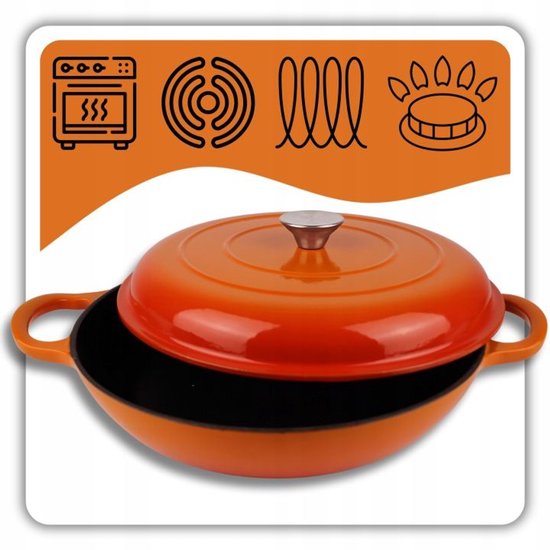 Hage - Braadpan - Lage Gietijzeren Braadpan met Deksel - Geëmailleerd - Oven & Inductie Geschikt - Voor Braden, Stoven en Ovenschotels - 3 Liters - 40,5 x 30 x 10,5 cm - Oranje