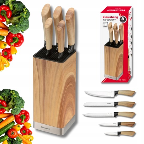 Klausberg messenset 6-delig – 5 RVS keukenmessen met messenblok, houtlook