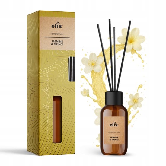 Elix - Geurstokjes Diffuser - Luchtverfrisser - Interieur Parfum - Reed Diffuser - Luxe Huisgeur 45 Dagen - Elegante Woonkamer, Slaapkamer & Kantoor Geur - 125ml - Jasmine & Monoi
