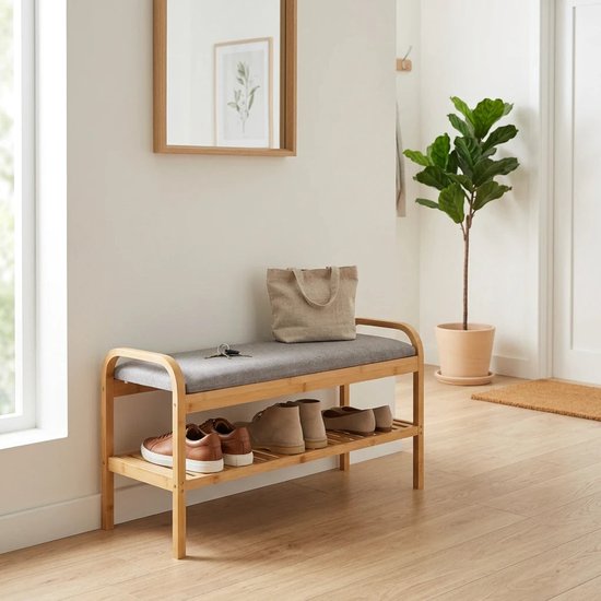 5Five Schoenenrek Bankje - 2-laags - bamboe / kunststof - 90 x 34 x 45 cm - voor 4 paar schoenen