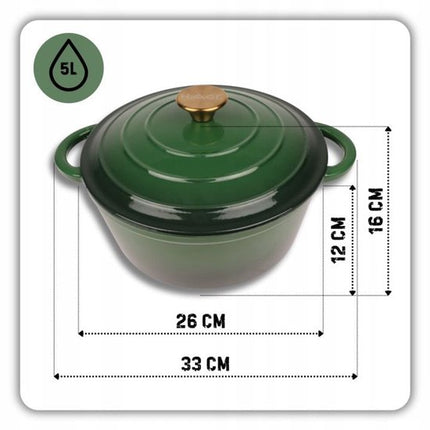 Hage - Braadpan - Geëmailleerde Gietijzeren Braadpan - Casserole - Geschikt voor Inductie, Gas & Oven - Inclusief Pannenonderzetter & Handgreepbeschermers - 5 Liter - Ø26 x 18 cm - Donkergroen