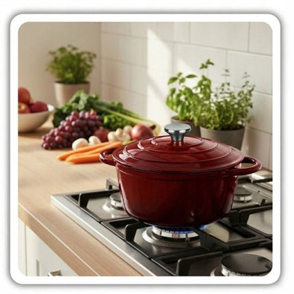 Hage - Braadpan - Geëmailleerde Gietijzeren Braadpan - Casserole - Geschikt voor Inductie, Gas & Oven - Inclusief Pannenonderzetter & Handgreepbeschermers - 5 Liter - Ø26 x 18 cm - Rood