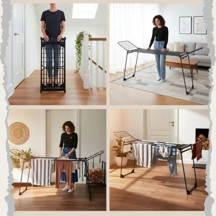 KINGHoff - Droogrek - Opvouwbaar Wasrek tot 25 kg - Staand Droogrek - Wasdroger Rek met Vleugels - Inklapbaar Wasrek voor Binnen & Buiten - XXL - 210-290 x 55 x 125 cm - Zwart