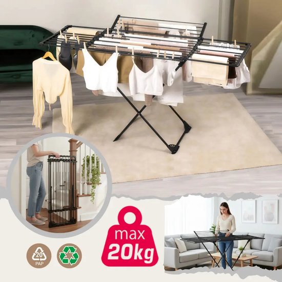 Kinghoff Faltbarer Wäscheständer – Bis zu 20 kg – 108-180 cm – Schwarz