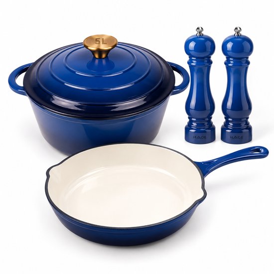 Hage - Ensemble de cuisine 3 pièces - Poêle en fonte 20 cm & Cocotte 5L avec couvercle - 2 Moulins à sel et poivre manuels 100 ml - Émaillé - Induction, Gaz & Four - Bleu