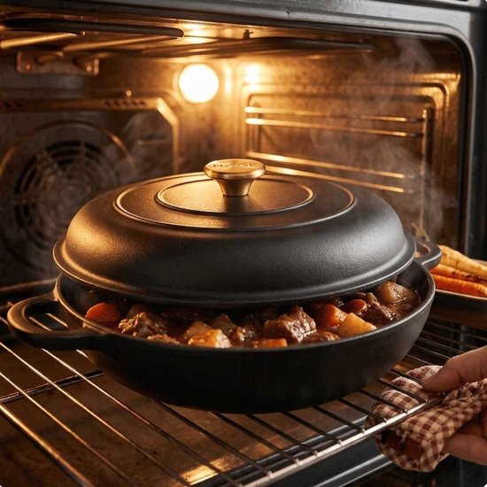 Hage Lage Gietijzeren Braadpan met Deksel – 3 L – Mat Zwart