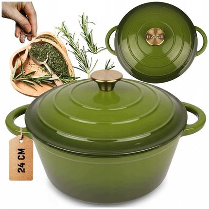 Hage - Kookpan - Gietijzeren Pot met Deksel - Geëmailleerd - Inductie & Oven Geschikt - Inclusief Mini Ovenhandschoenen & Onderzetter - Voor Braden, Stoven, Soep & Brood - 4 Liters - Ø24 cm - Olijfgroen
