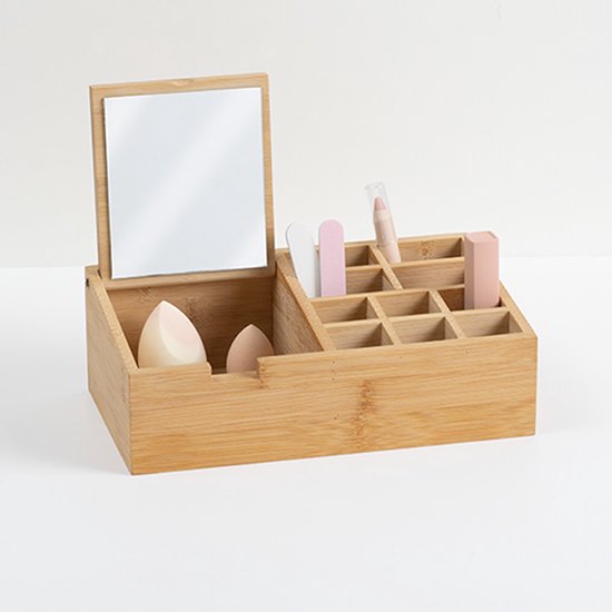 5Five make-up organizer van bamboe – 11 vakken met uitklapbare spiegel – foto 5