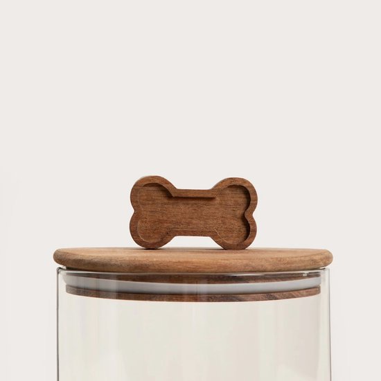 Homla - Animali Hondensnack Bewaarpot - Dierenvoer Voorraadpot - Glazen Snoepjespot voor Huisdieren - Voeropslag met Houten Deksel - 1.7 Liter - Glas en Hout - Ø13 x 21 cm - Transparant