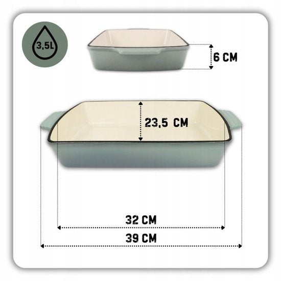 Hage - Moule à pâtisserie - Plat à four - Plat à four en fonte - Plat à rôtir émaillé avec poignées - Compatible induction, four & toutes sources de chaleur - 3,5 litres - 32 x 23,5 cm - Bleu sarcelle pastel