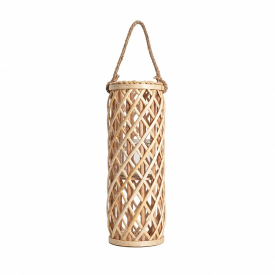 HOMLA - Radiant Lantaarn Smal Gevlochten Hout - Decoratieve Windlicht Lantaarn met Handvat - Natuurlijke Sfeerverlichting - Boho & Scandinavisch Interieur - Kaarsenhouder voor Woonkamer & Terras - 17 x 50 cm - Naturel