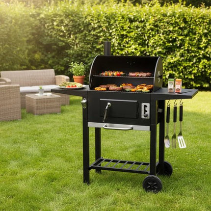 KINGHOFF Houtskoolbarbecue KH-2034 - BBQ met Deksel, Zijtafels en Wielen - 43 x 39,6 cm