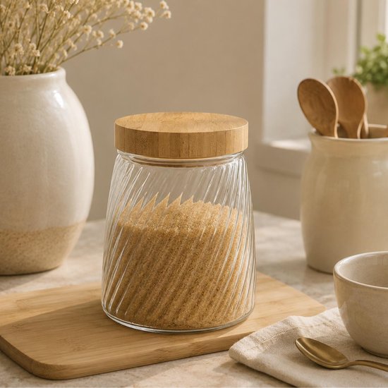 Bocal de conservation Food Essentials Ventura - cuisine - verre strié / bambou - 1,3 litre - couvercle rotatif hermétique - bocaux de conservation - pots de stockage