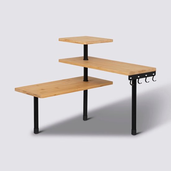 5Five Keuken / aanrecht hoek rekje - metaal / bamboe hout - 43 x 43 x 38 cm - organizer - naturel / zwart - 3 laags