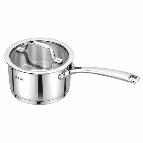 Steelpan 16 cm van rvs met glazen afgietdeksel en maataanduiding, 1,5 liter