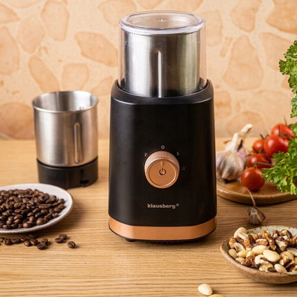 KLAUSBERG KB-7992 Elektrische 2-in-1 Koffie- en Kruidenmolen – 200W – RVS Bekers – Droog & Nat Malen – 3 Snelheden – 80g Capaciteit – zwart/Koper