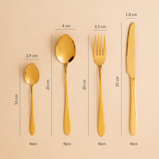 HOMLA - Abele Besteckset - 16-teiliges Luxus-Besteckset - Schillerndes Besteckset - Modernes Tafelbesteck - Löffel, Gabeln & Messer - Edelstahl - Gold