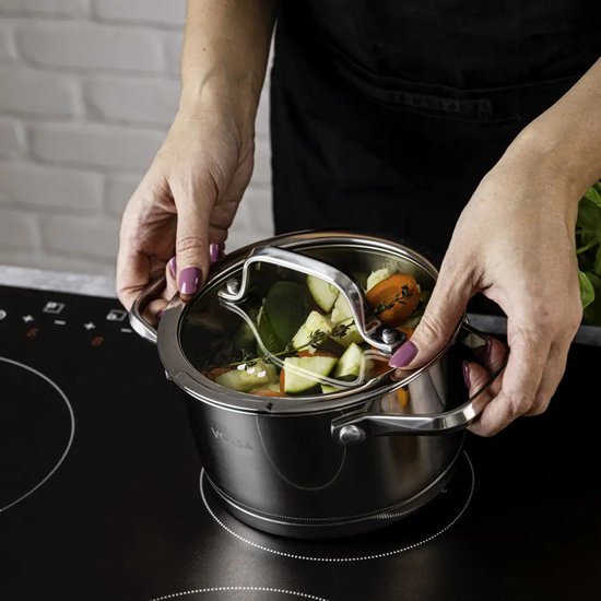 Vcasa kookpan 16 cm met glazen afgietdeksel, 1,8 liter, rvs