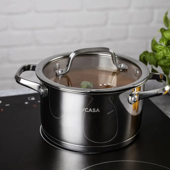 Vcasa kookpan 20 cm met glazen afgietdeksel, 3,4 liter, rvs