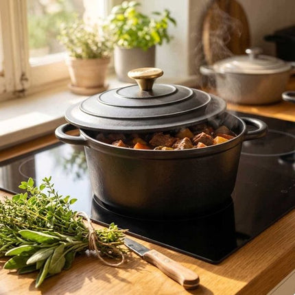Hage - Kookpan - Gietijzeren Pot met Deksel - Geëmailleerd - Inductie & Oven Geschikt - Inclusief Mini Ovenhandschoenen & Onderzetter - Voor Braden, Stoven, Soep & Brood - 5 Liters - Ø26 cm - Mat Zwart