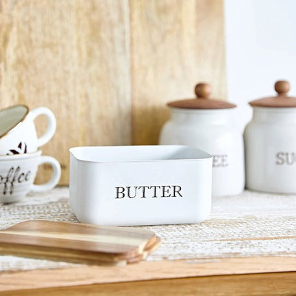 HOMLA - Avila Botervloot - Boterdoos - Moderne Boterschaal met Deksel - Butter Dish voor Koelkast & Tafel - Metaal en Acacia Hout - 15 x 10 x 7 cm - Wit & Hout