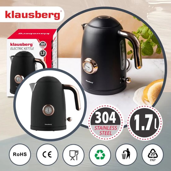 Klausberg retro waterkoker met thermometer – 1,7 liter RVS, mat zwart – foto 3