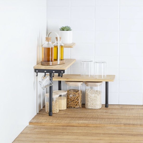 5Five Keuken / aanrecht hoek rekje - metaal / bamboe hout - 43 x 43 x 38 cm - organizer - naturel / zwart - 3 laags