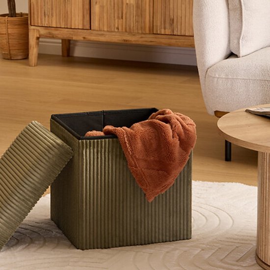Pouf coffre Atmosphera Essestial velours côtelé - pliable - vert - MDF / polyester - 38 cm - avec espace de rangement - assise supplémentaire