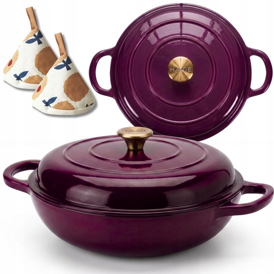 Hage - Bräter - Niedriger gusseiserner Bräter mit Deckel - Emailliert - Ofen- & Induktionsgeeignet - Zum Braten, Schmoren und für Aufläufe - 3 Liter - 40,5 x 30 x 10,5 cm - Aubergineviolett